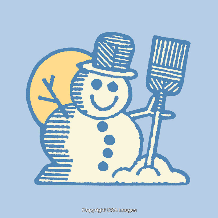 Cheerful Snowman Illustration with Broom and Sunset Background