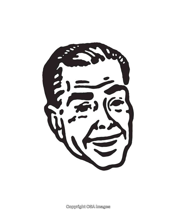 Retro Black and White Line Art Illustration of a Smiling Male Face