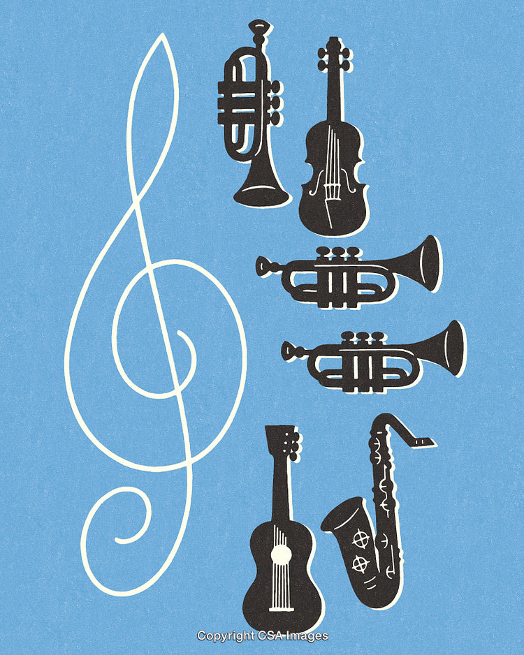 Illustration of Musical Instruments and Treble Clef on Blue Background