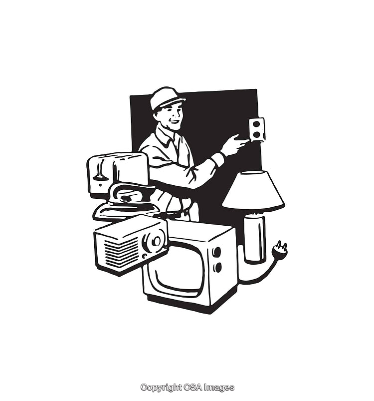 Black And White Illustration of Electrical Appliances and a Technician