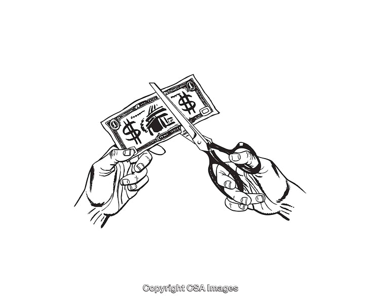 Black and White Line Art Depicting Money Being Cut by Scissors