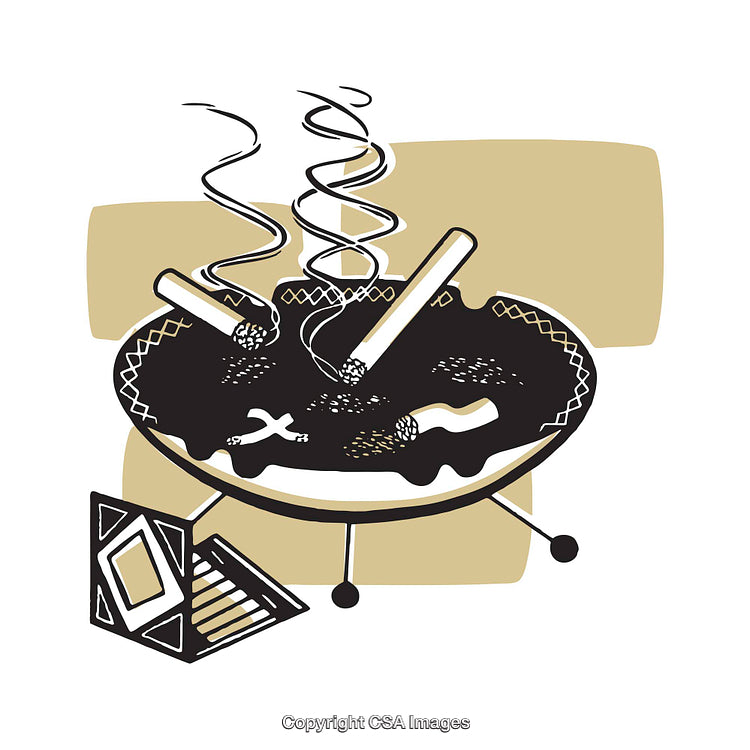 Illustrated Ashtray with Cigarettes and Rising Smoke in Artistic Style