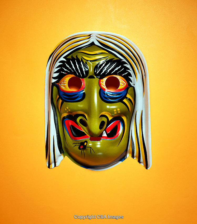 Vibrant Witch Mask Amid Bright Orange Backdrop for Festive Themes