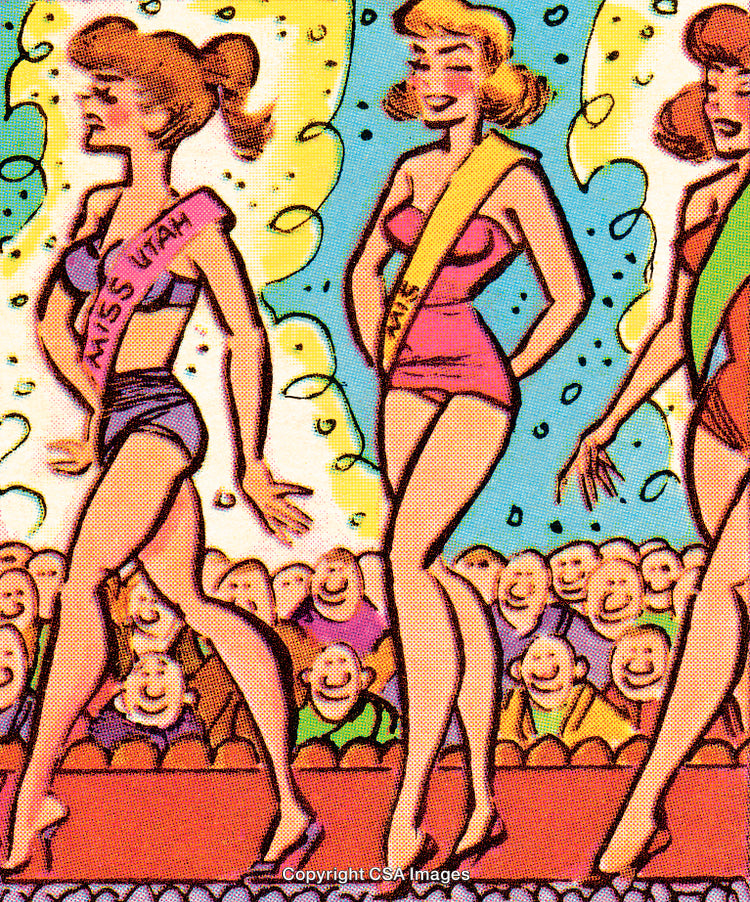 Colorful Retro Beauty Pageant Illustration with Contestants in Swimwear