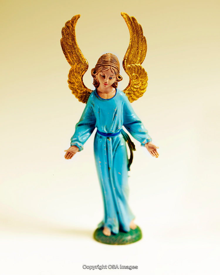 Blue-Clothed Angel Figurine with Golden Wings on Light Background