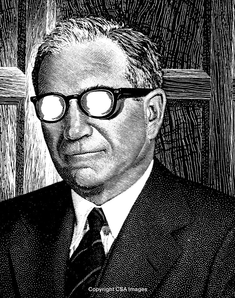 Surreal Black and White Engraving of a Figure with Glowing Glasses