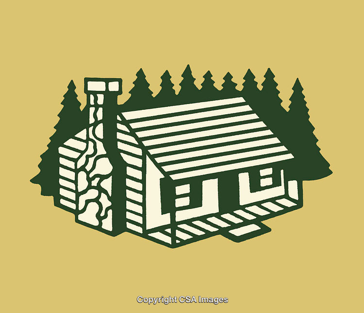 Rustic Cabin Illustration Surrounded by Pine Trees in Minimalist Style