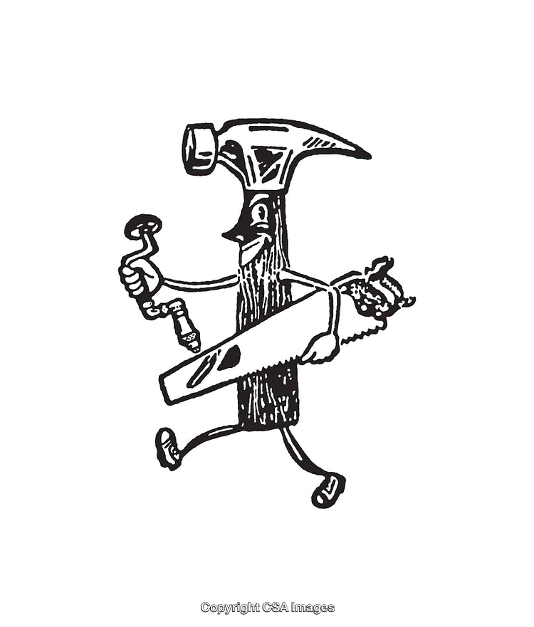 Black and White Illustration of a Cartoon Hammer with Tools
