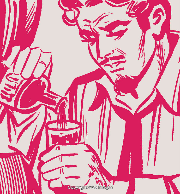Illustration of a Man Pondering While Pouring a Beverage in Monochrome