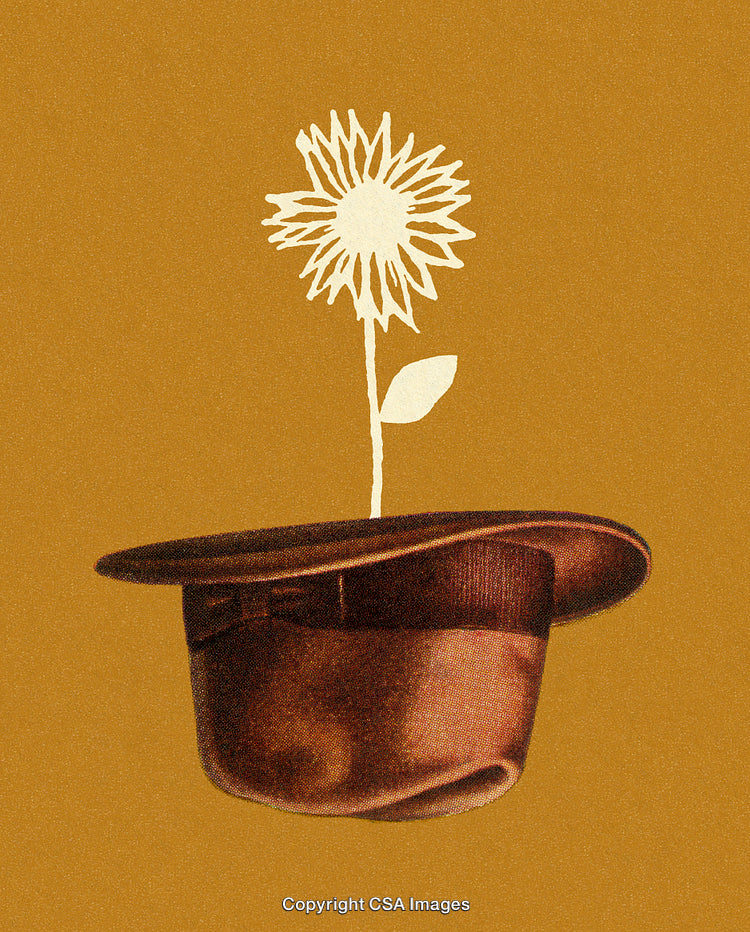 Surreal Illustration of a Hat Growing a Delicate Flower on Yellow Background