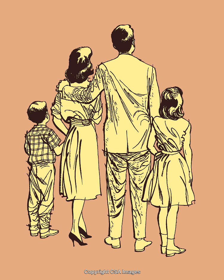 Retro Illustration of Family Standing Together Facing Forward