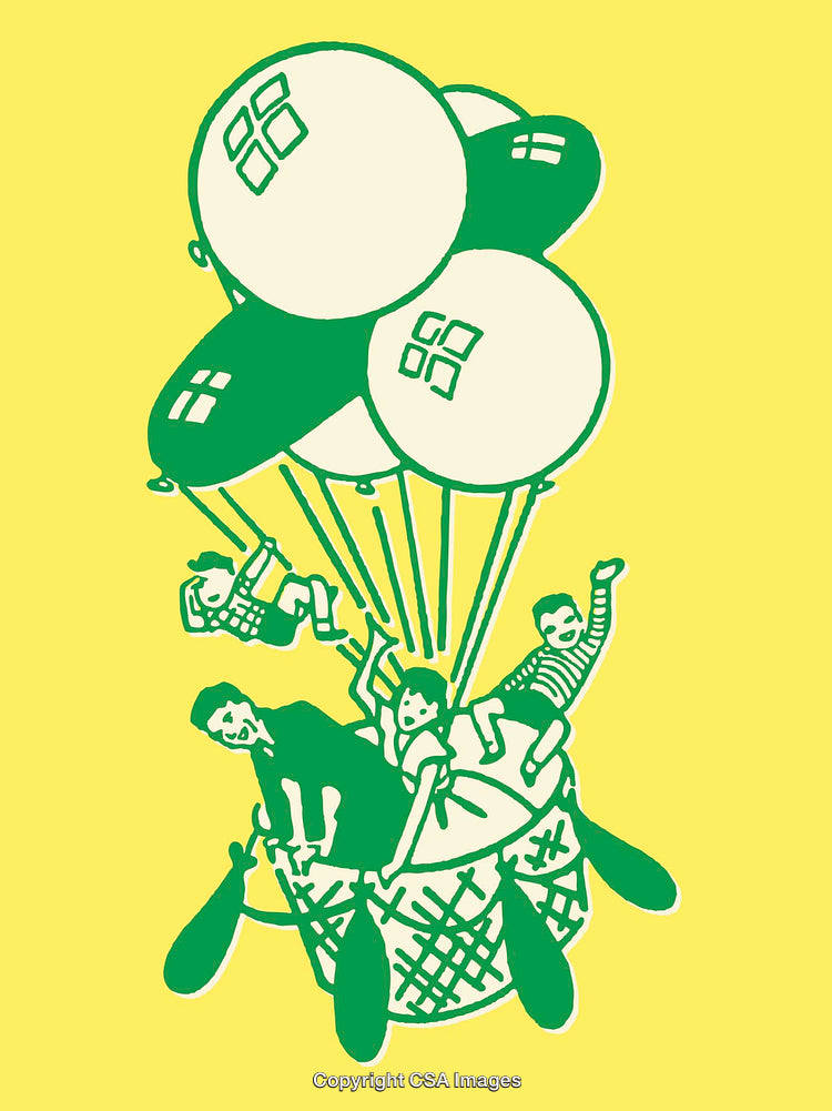 Playful Line Art of Children Riding a Balloon Basket