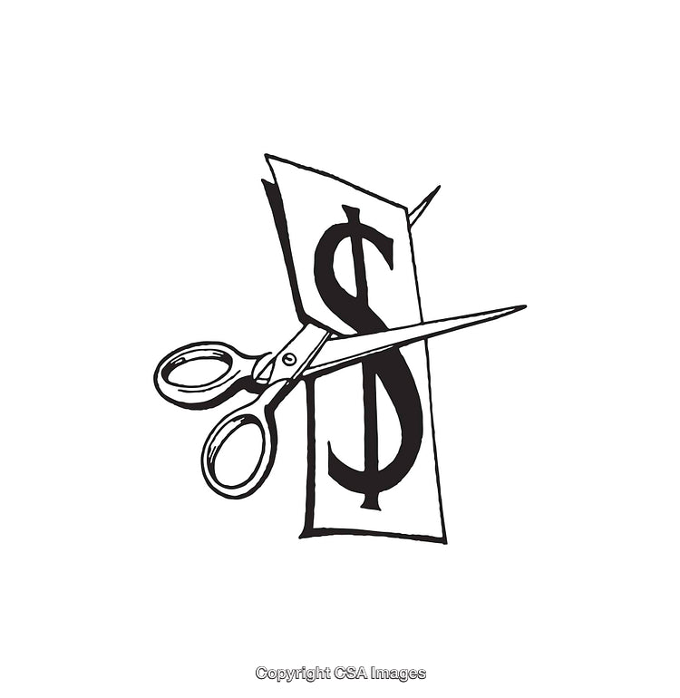 Black And White Illustration of Scissors Cutting Through a Dollar Symbol