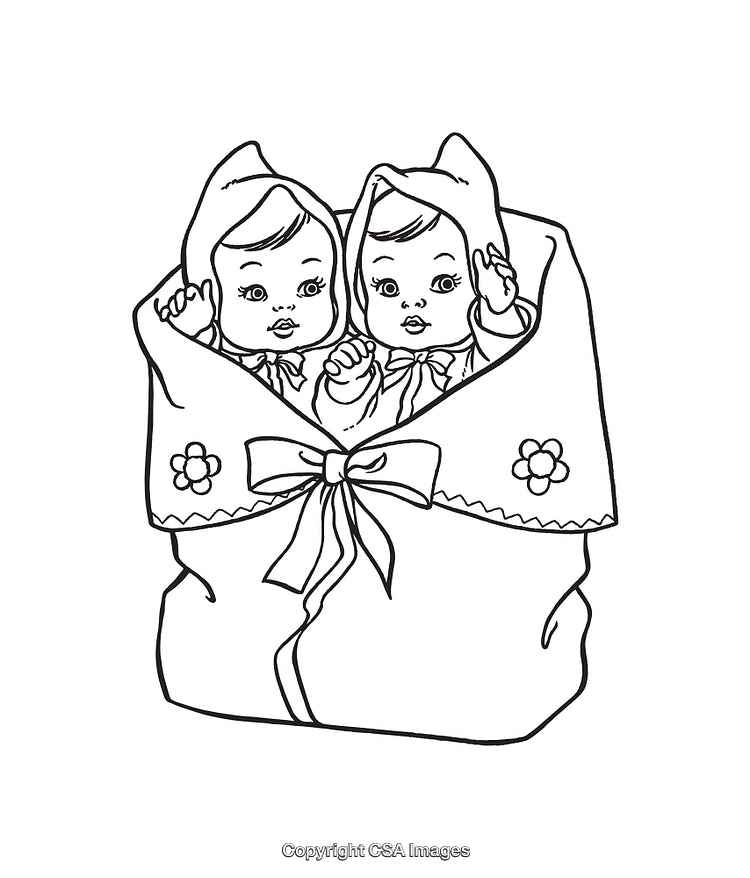 Adorable Twin Babies in a Decorative Blanket Line Art Illustration