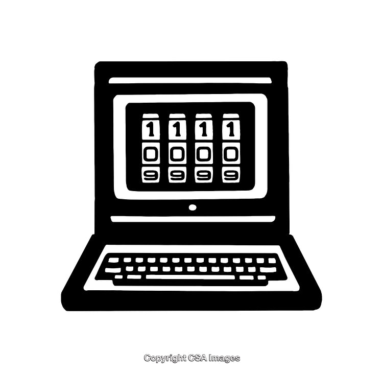 Black and White Line Art Illustration of Computer With Binary Code