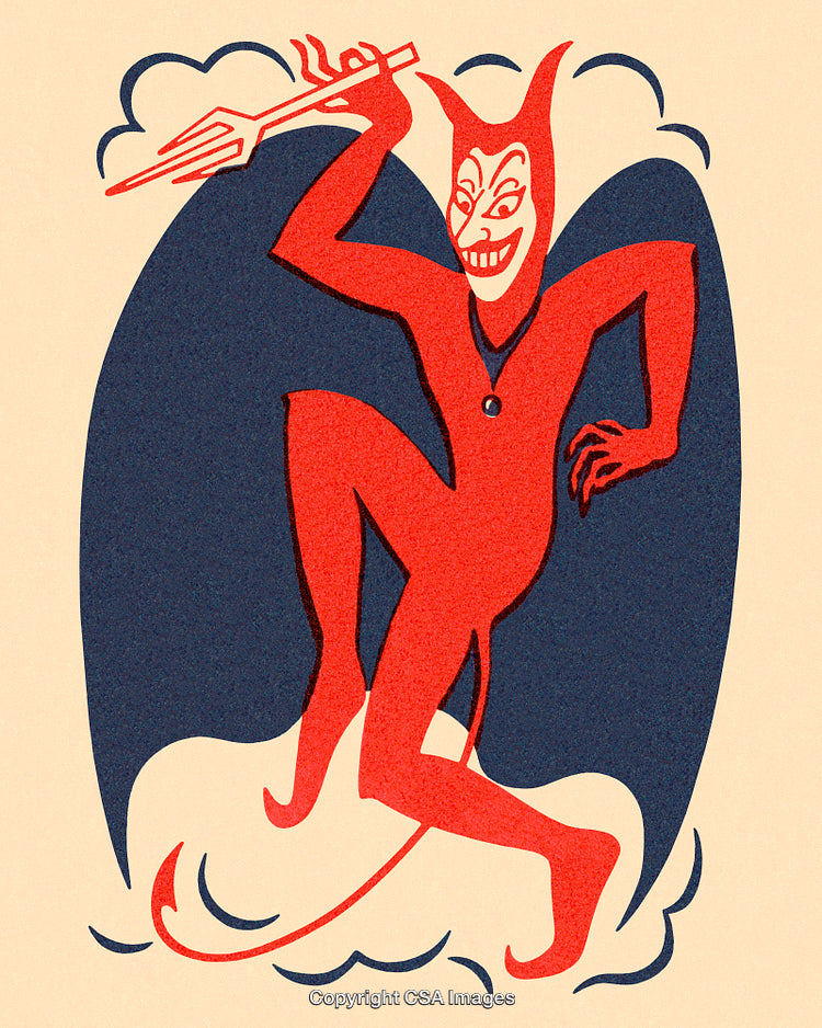 Red Devil Character Surrounded by Clouds Holding a Pitchfork in a Playful Pose