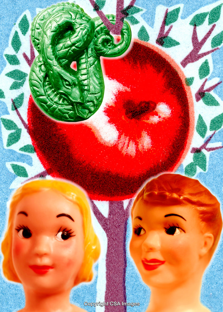 Plastic Figures with Serpent and Apple, Symbolic Imagery in Bright Colors