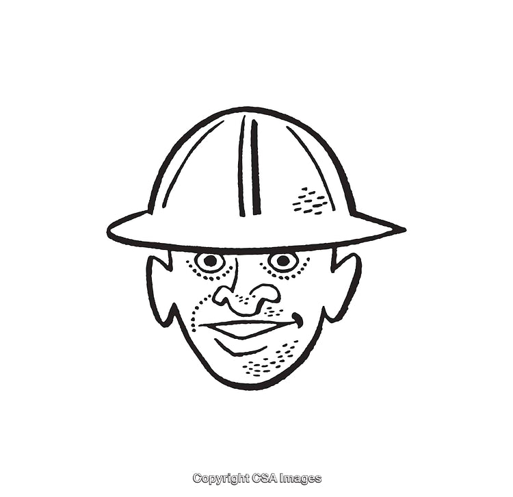 Black and White Line Art of a Hard Hat Worker Character