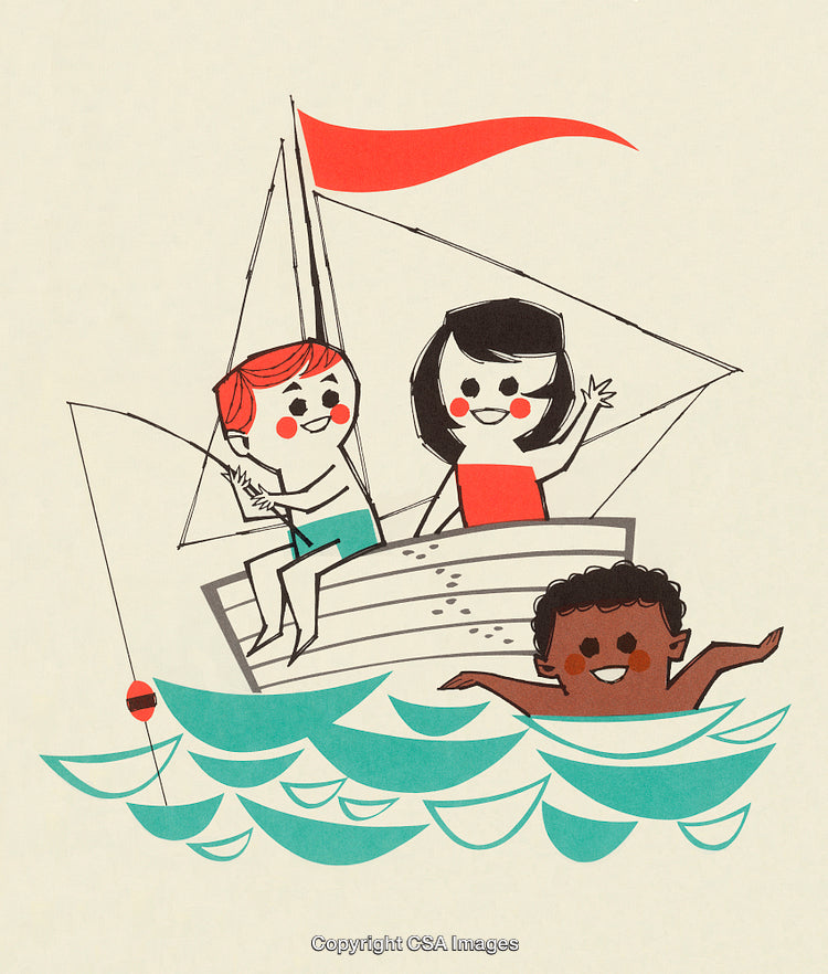 Illustration of Children Boating and Swimming in a Playful Nautical Scene