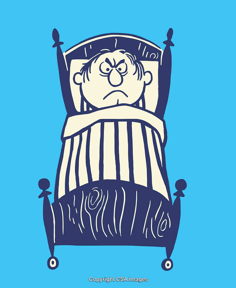 Grumpy Person in Bed Cartoon Illustration with Blue Background