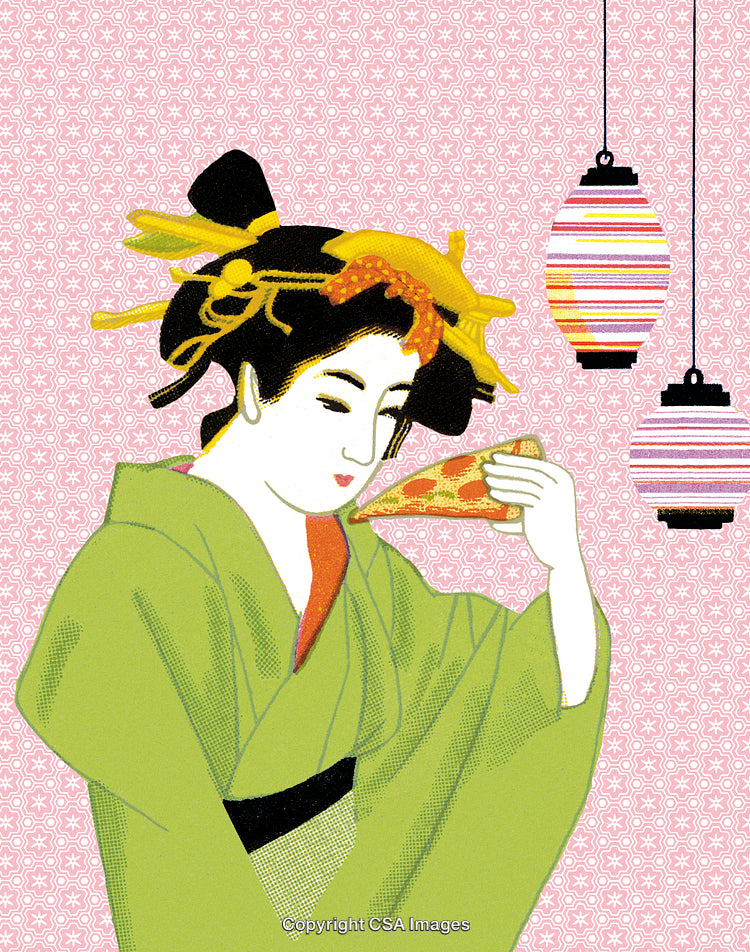 Traditional Japanese Ukiyo-e Art With Modern Twist of Pizza Eating