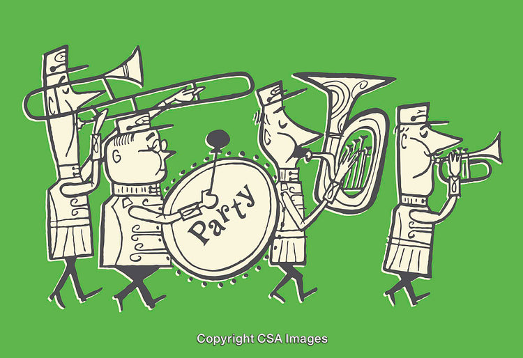 Illustration of a Marching Band Playing Instruments During a Celebratory Parade
