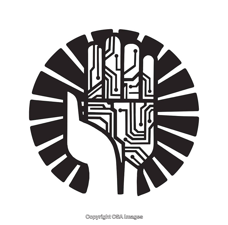 Futuristic Circuitry Hand Symbol with Geometric Design in Monochrome