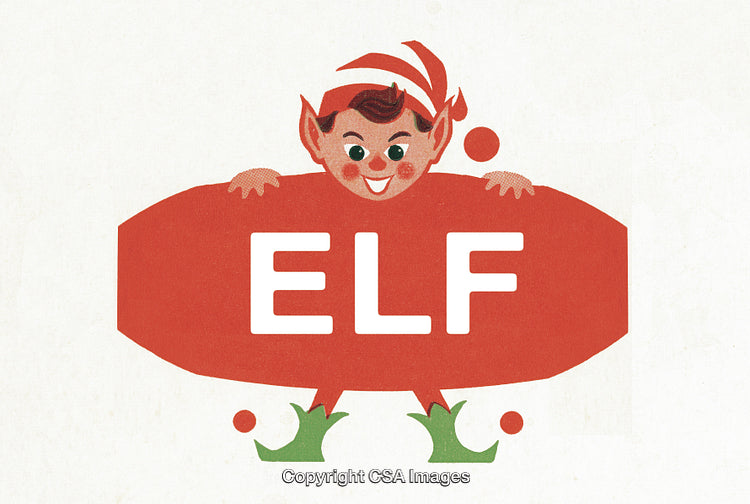 Vintage Illustration of a Happy Festive Elf Holding a Decorative Sign