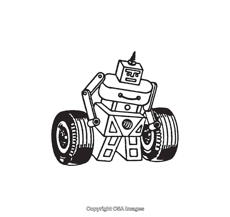 Black And White Line Art Illustration of a Robot With Wheels