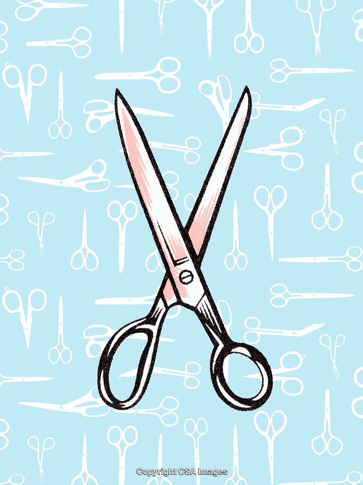 Illustration of Scissors on Blue Patterned Background with Repeated Scissor Motif