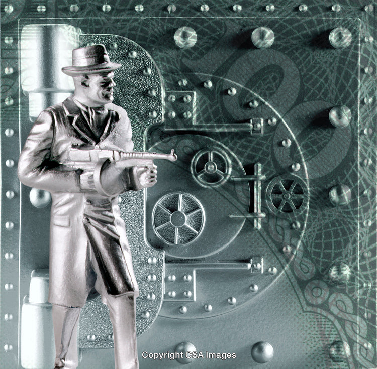 Retro Plastic Figure of a Gangster with a Tommy Gun Near a Vault