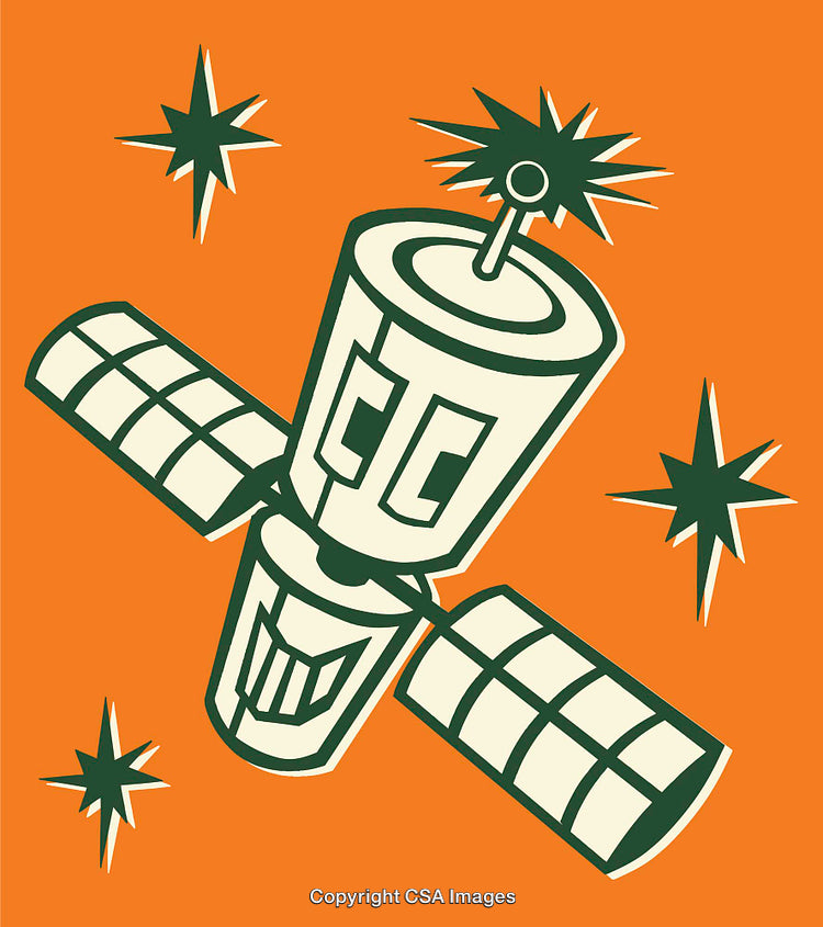 Retro Satellite Illustration with Orange Background and Twinkling Stars