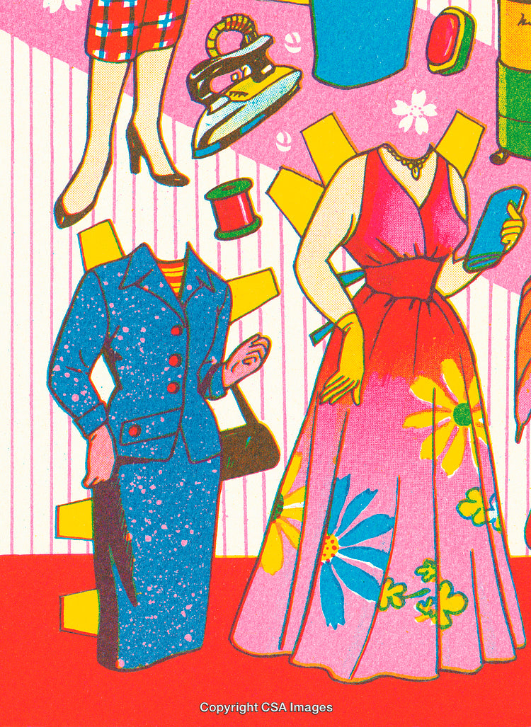 Vintage Paper Dolls Clothing Set with Retro Accessories and Floral Patterns