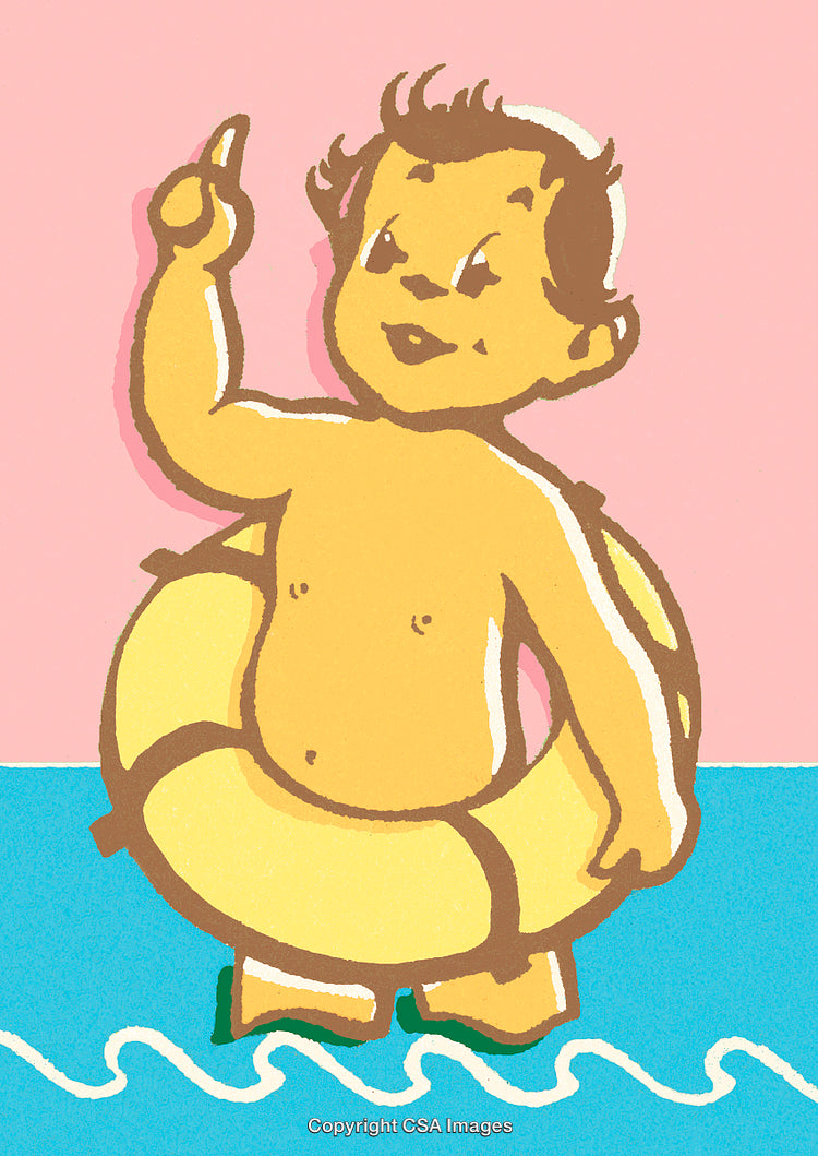 Vintage Illustration of Child with Float on Pastel Background
