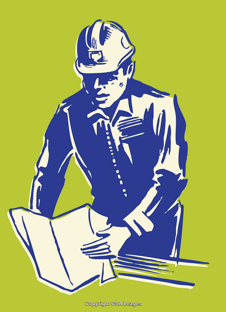 Construction Worker Reviewing Blueprint in Bold Color Line Art Illustration