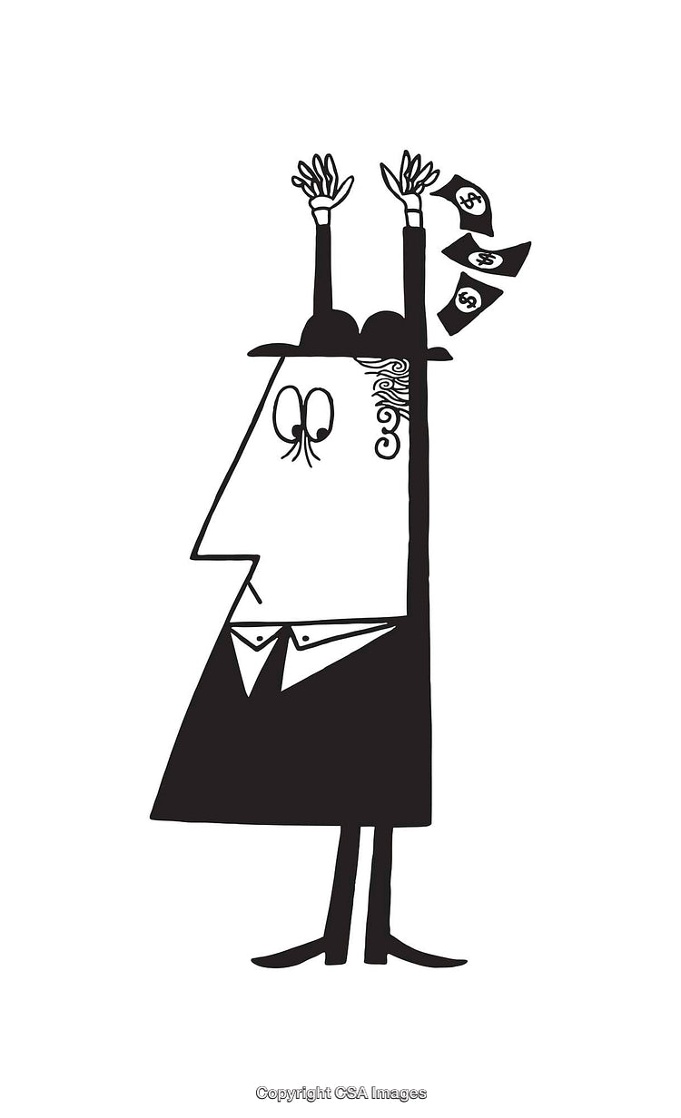 Black and White Line Art of a Person with Money Flying Away