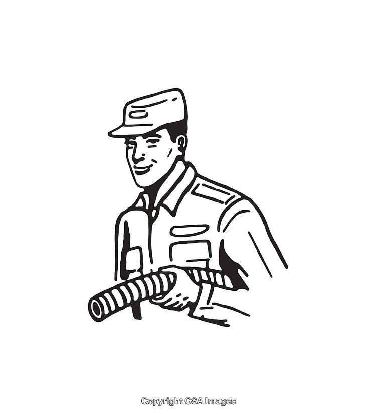 Line Art Illustration of a Smiling Worker with Hose Pipe