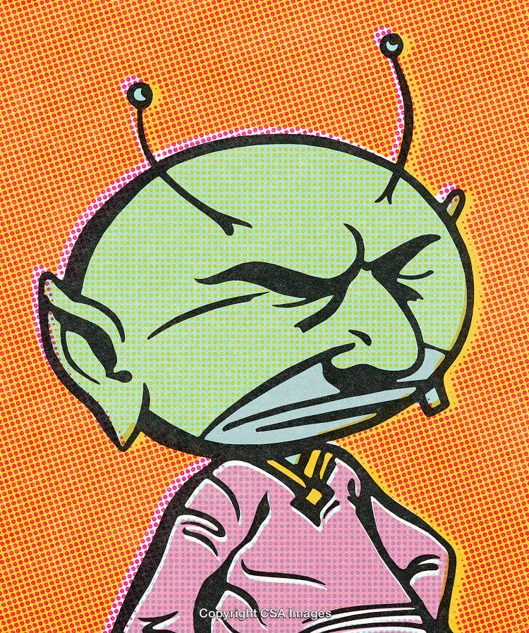 Pop Art Style Alien Character With Antennae and Orange Background