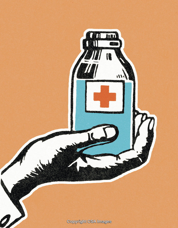Illustrated Hand Holding a Medicine Bottle with Medical Cross Symbol