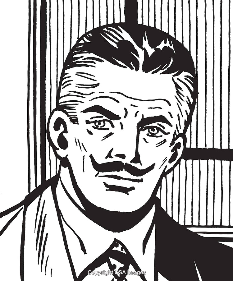 Vintage Black and White Illustration of a Man with Mustache in Formal Attire