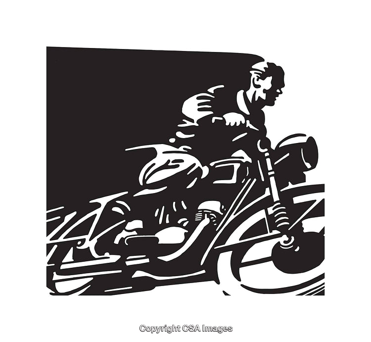 Black and White Line Art of Speeding Motorcycle Rider