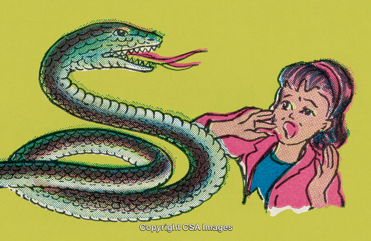 Comic-Style Illustration of a Snake Facing a Surprised Woman on Green Background