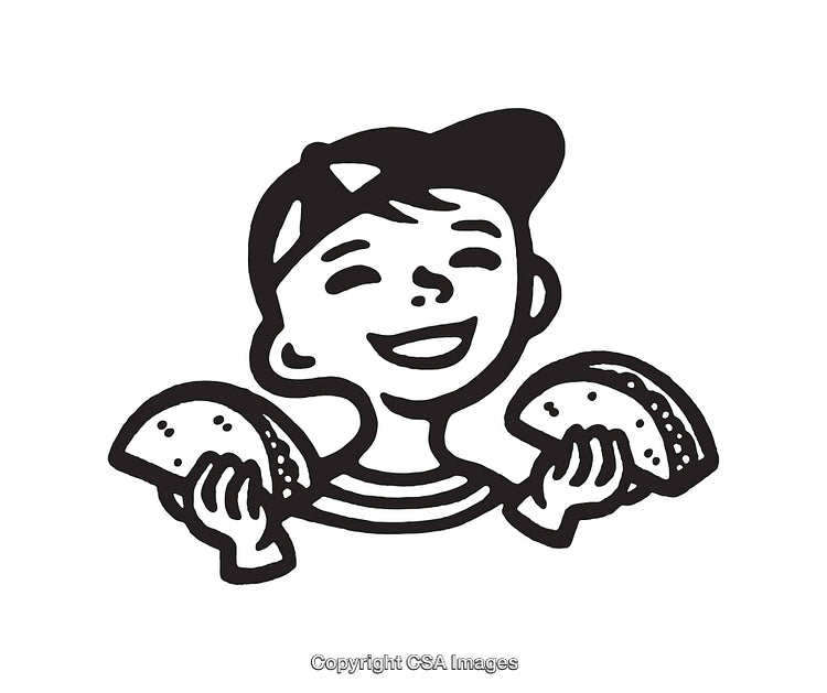 Happy Child Holding Tacos in Black and White Line Drawing Style