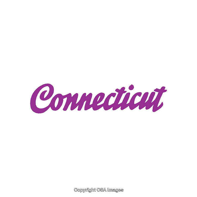 Connecticut State Name in Purple Cursive Font on White Background