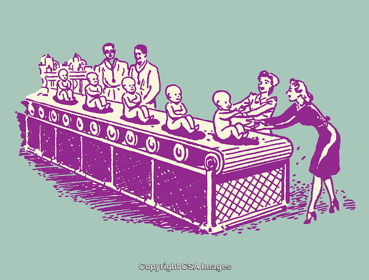 Surreal Illustration Depicting Babies on Conveyor Belt in Factory Setup