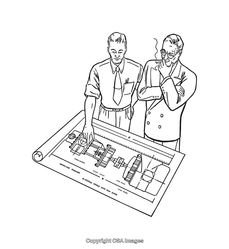 Engineers Reviewing Technical Blueprints in a Line Art Illustration