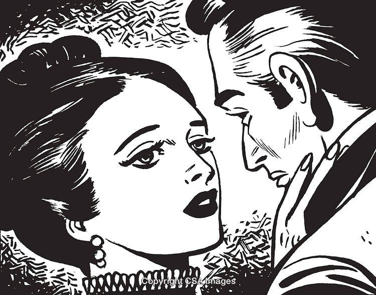 Vintage Black and White Drawing of Romantic Couple Facing Each Other