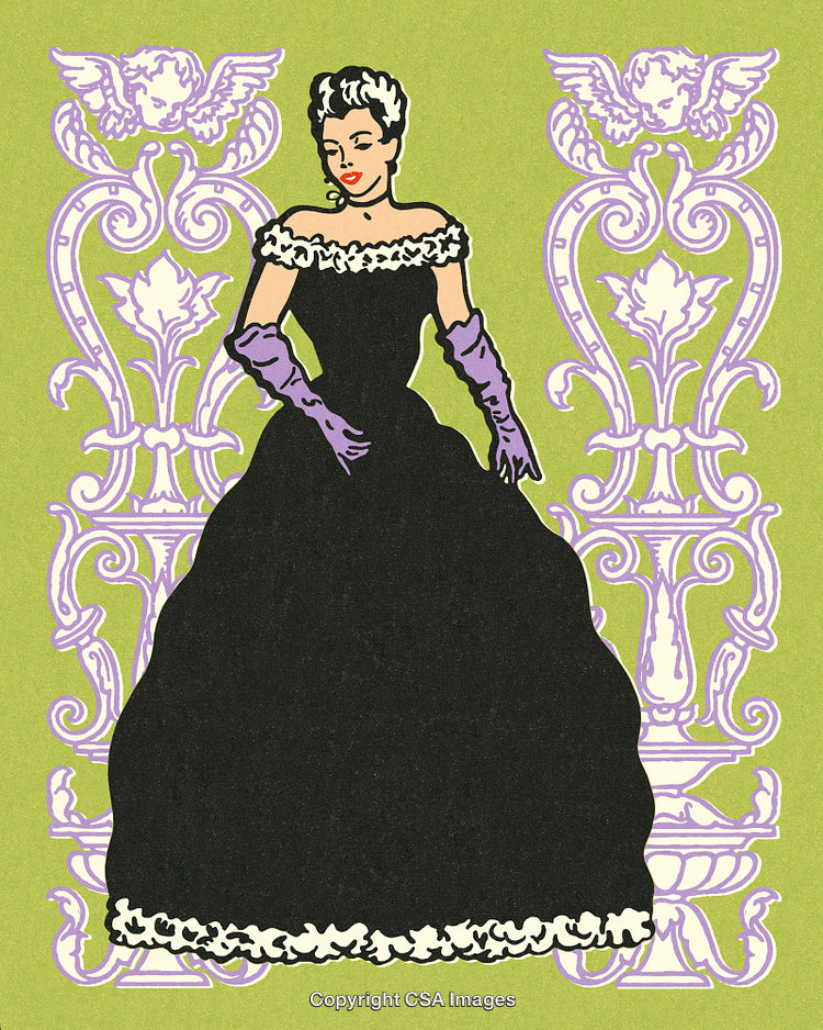 Elegant Woman in Vintage Evening Gown With Ornamental Background Detail