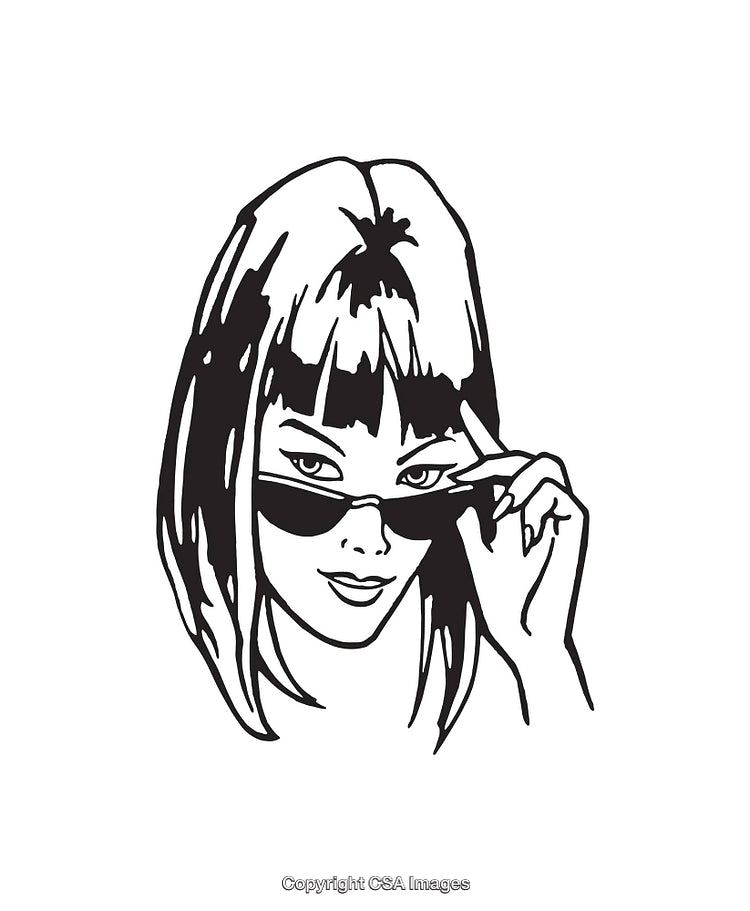 Stylish Illustration of a Woman Adjusting Sunglasses in Black and White