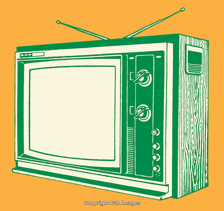 Retro Line Art Illustration of Classic Television in Green and Yellow
